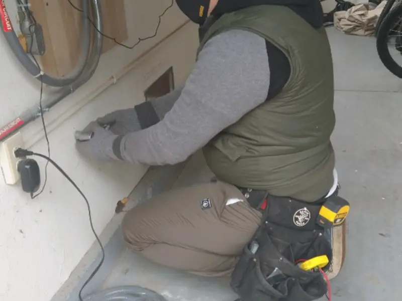 Electrician performing outlet wiring in a Duquesne garage